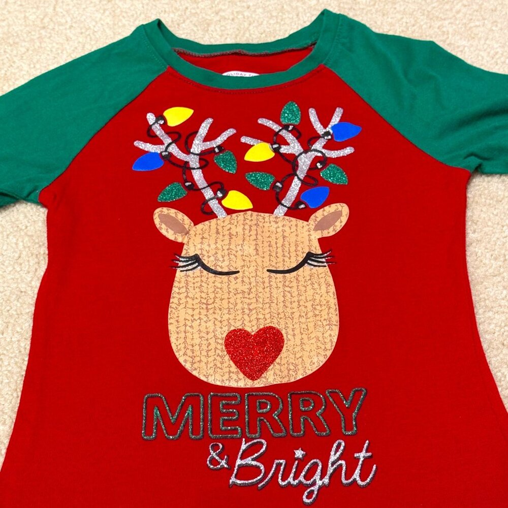 Holiday Time - Girls Long Sleeve Merry & Bright Reindeer Shirt - Size XS